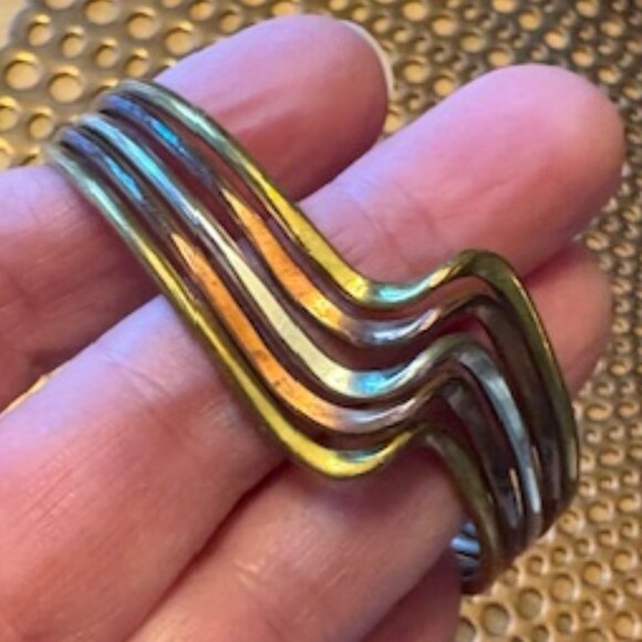 Taxco 1980s Vintage Mixed Metals Wave Cuff Bracelet Brass Silver Copper - Picture 2 of 7